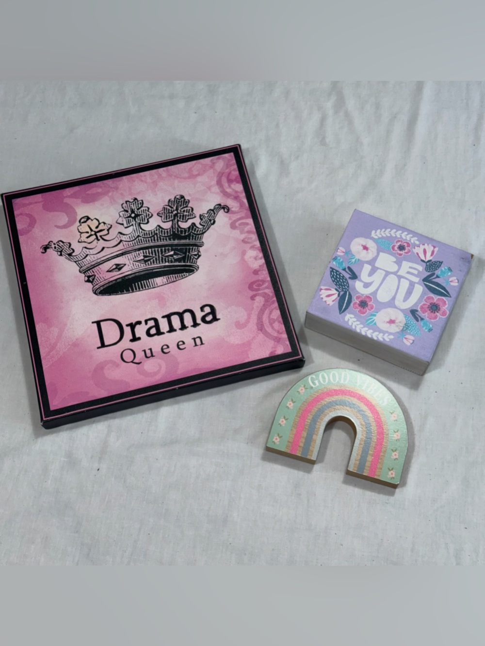 3pc Girly Wall Decor Bundle Drama Queen Be You Good Vibes Rainbow Floral